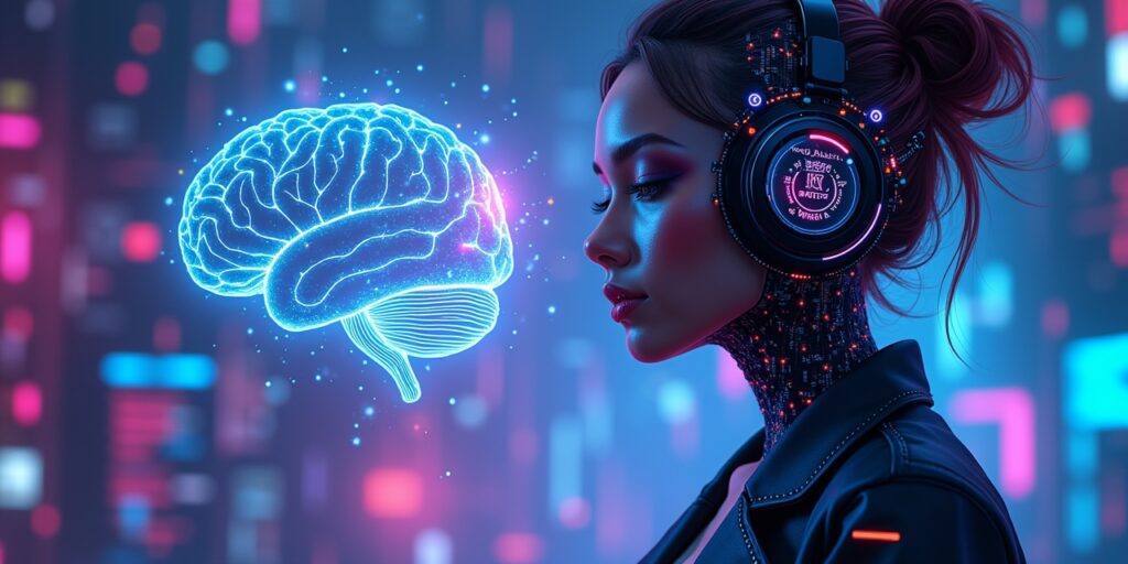 AI Writing Creative Process showing a woman in a digital presence for digital story generators