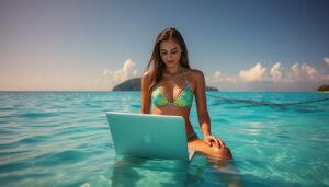 woman in ocean on laptop creating content with AI story generator
