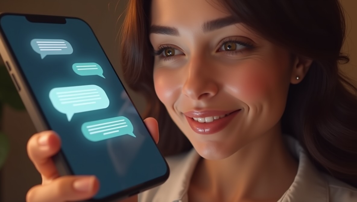 Tender moment between a woman and her AI companion, showing emotional digital intimacy