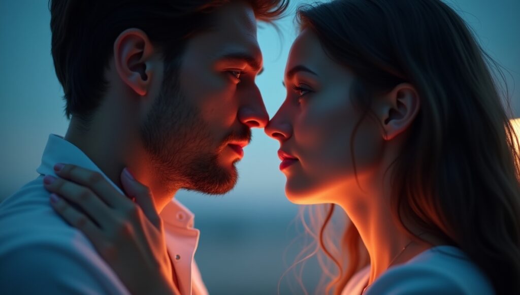 Personal moment of connection between a user and his AI companion, showcasing intimate digital interaction