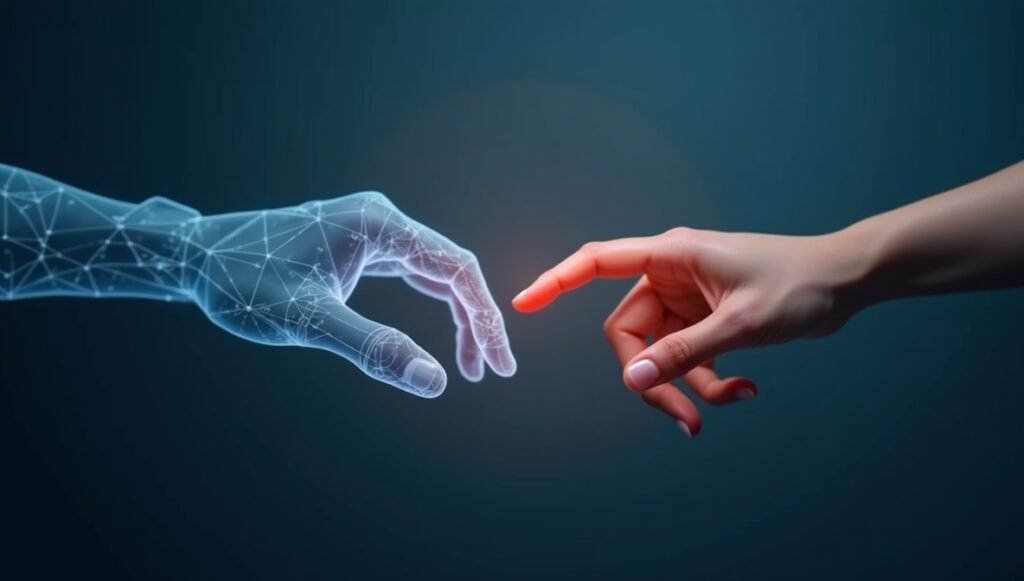 Intimate moment of human and AI connection, symbolizing personal choice