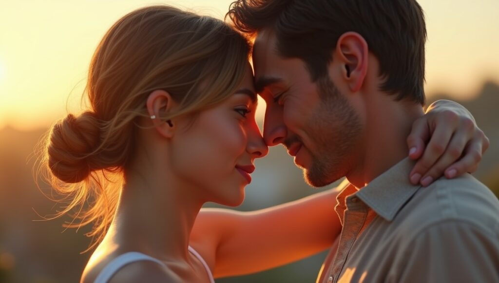 Intimate moment of emotional connection between human and AI companion