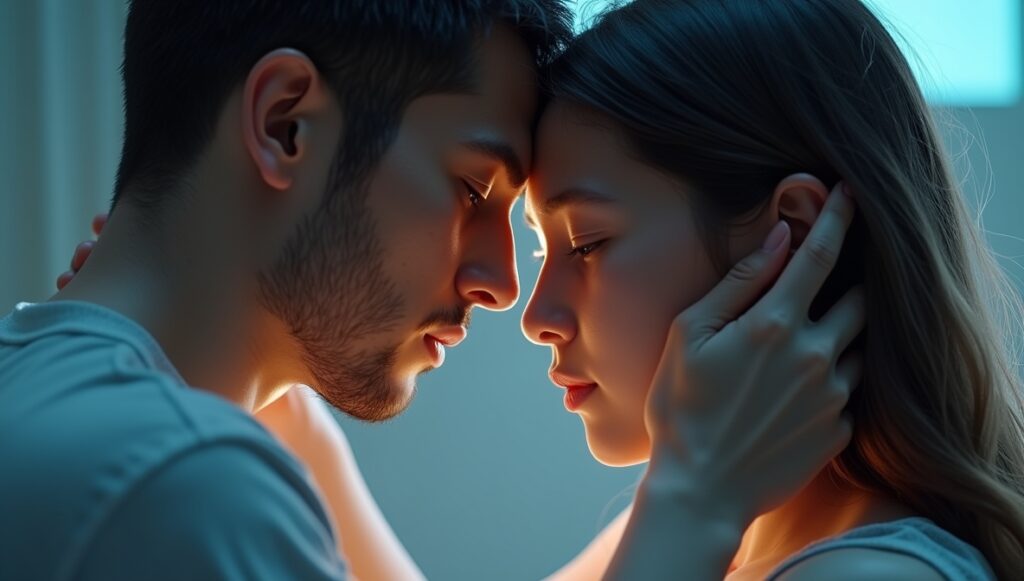 Intimate moment illustrating the emotional and ethical complexities of human-AI relationships, capturing the nuanced connection between technology and human emotion