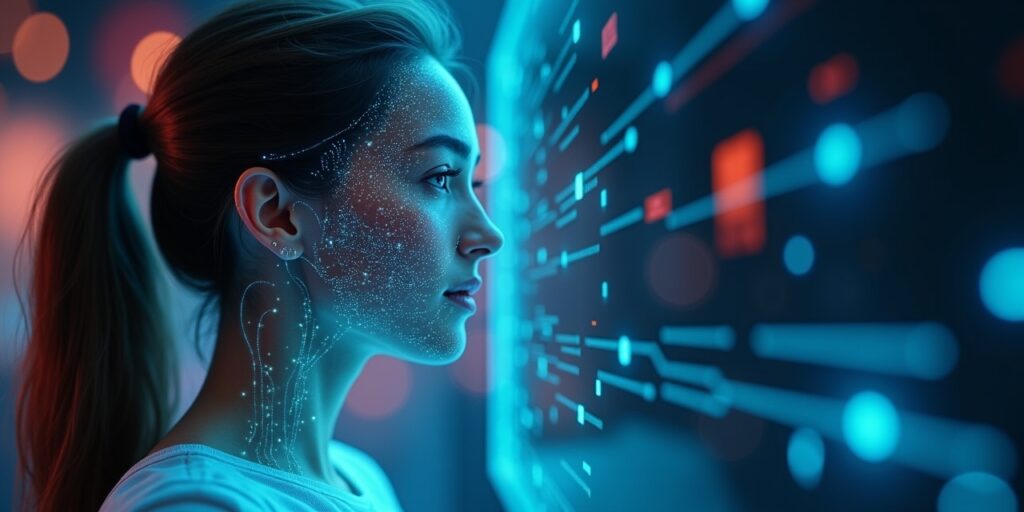 brunette ai woman depicting being inside a computer ready for companionship 