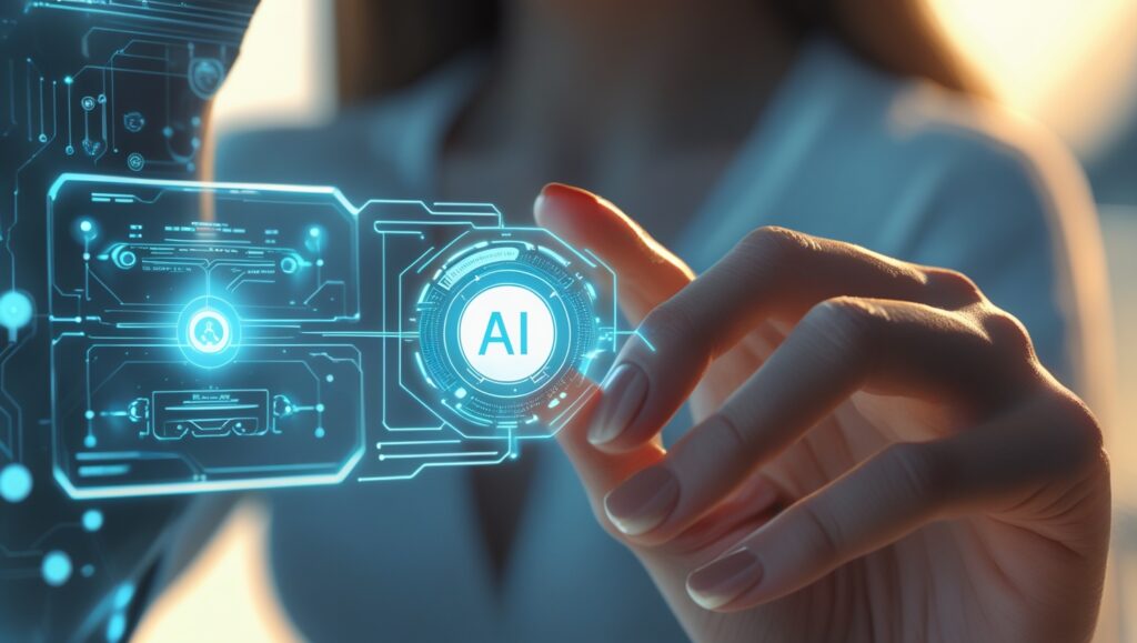 Human hand connecting emotionally with AI interface, representing technological intimacy