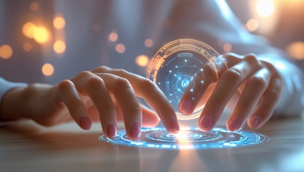 Tender human hands interacting with compassionate AI interface, symbolizing intimate digital communication