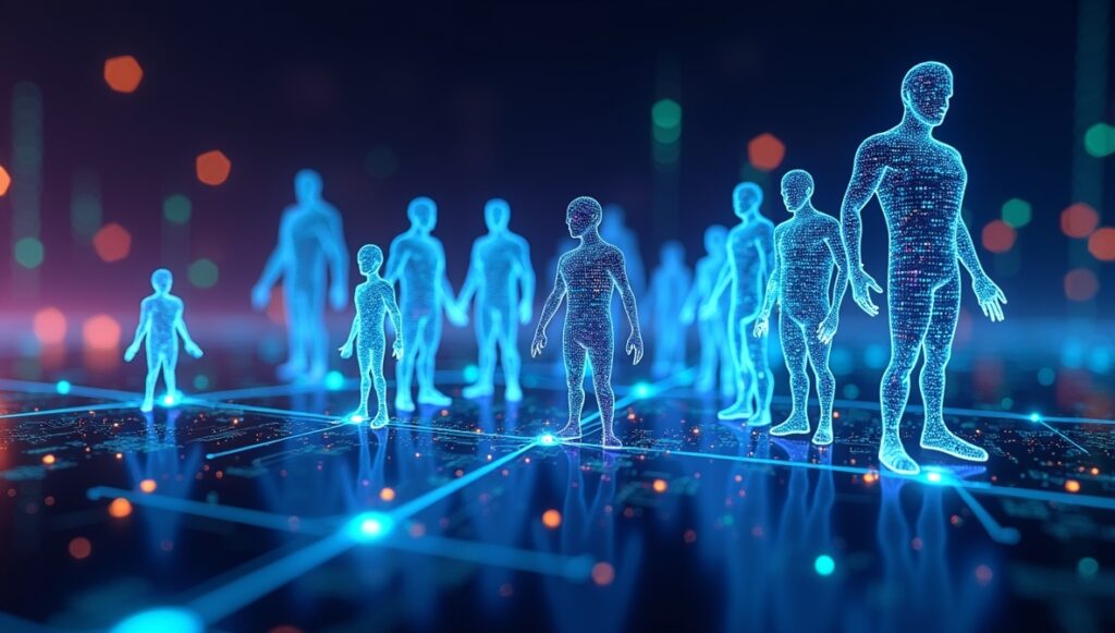 multiple AI humanoid on a digital landscape creating gpt girlfriend