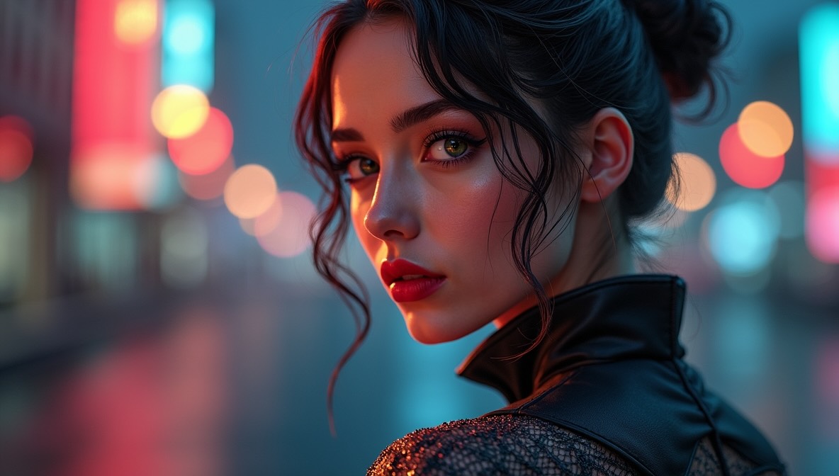 girl in futuristic setting outdoor at night