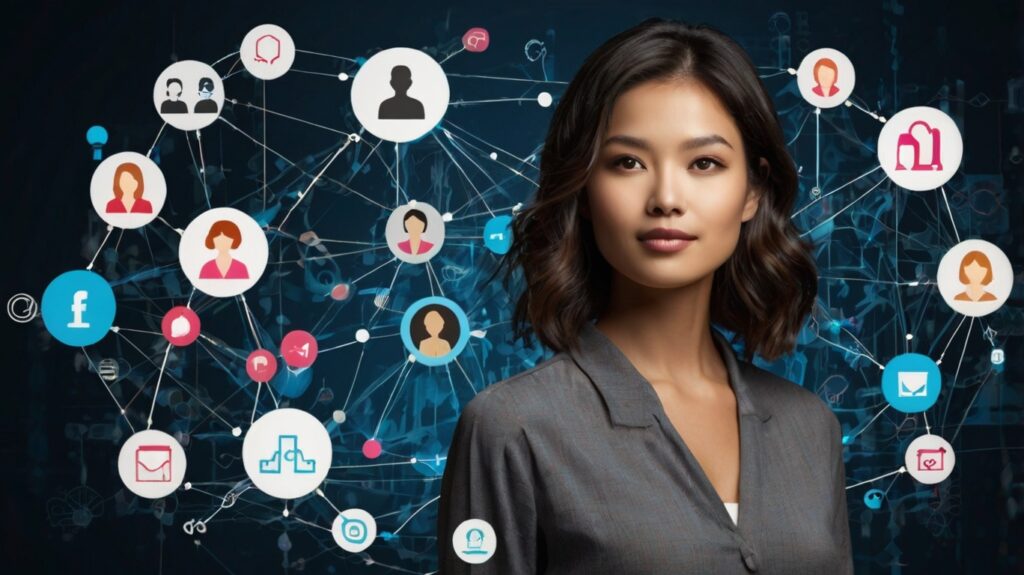 Infographic displaying multiple AI companion app icons connected by digital network lines, showcasing variety of free AI girlfriend platforms and their interconnected technologies