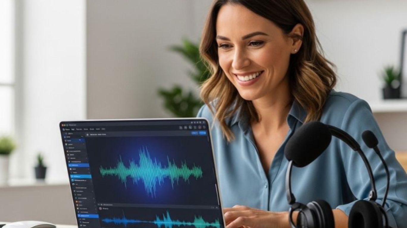 Content creator using AI girl voice software for realistic, budget-friendly audio production on a laptop.
