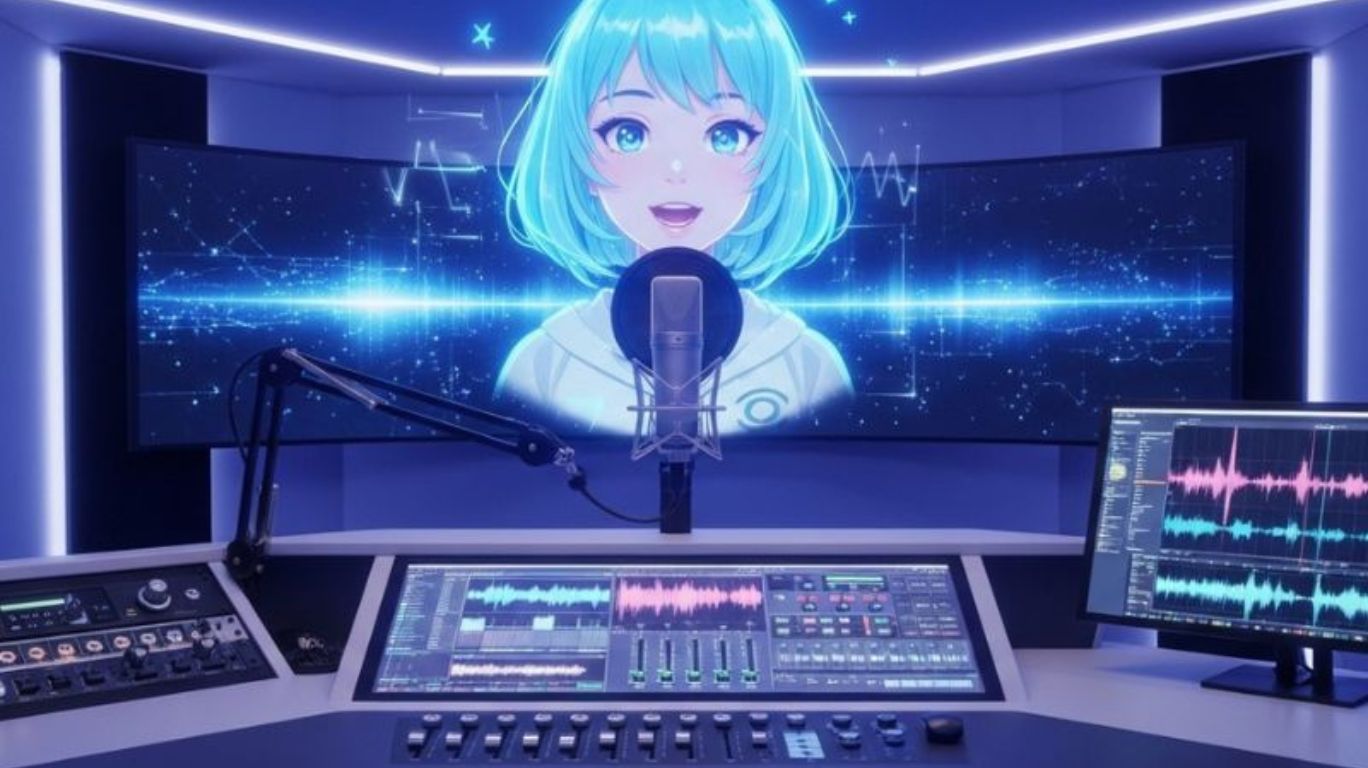 AI girl voice being used in a podcast studio setup, showcasing popular use cases in modern audio content creation.