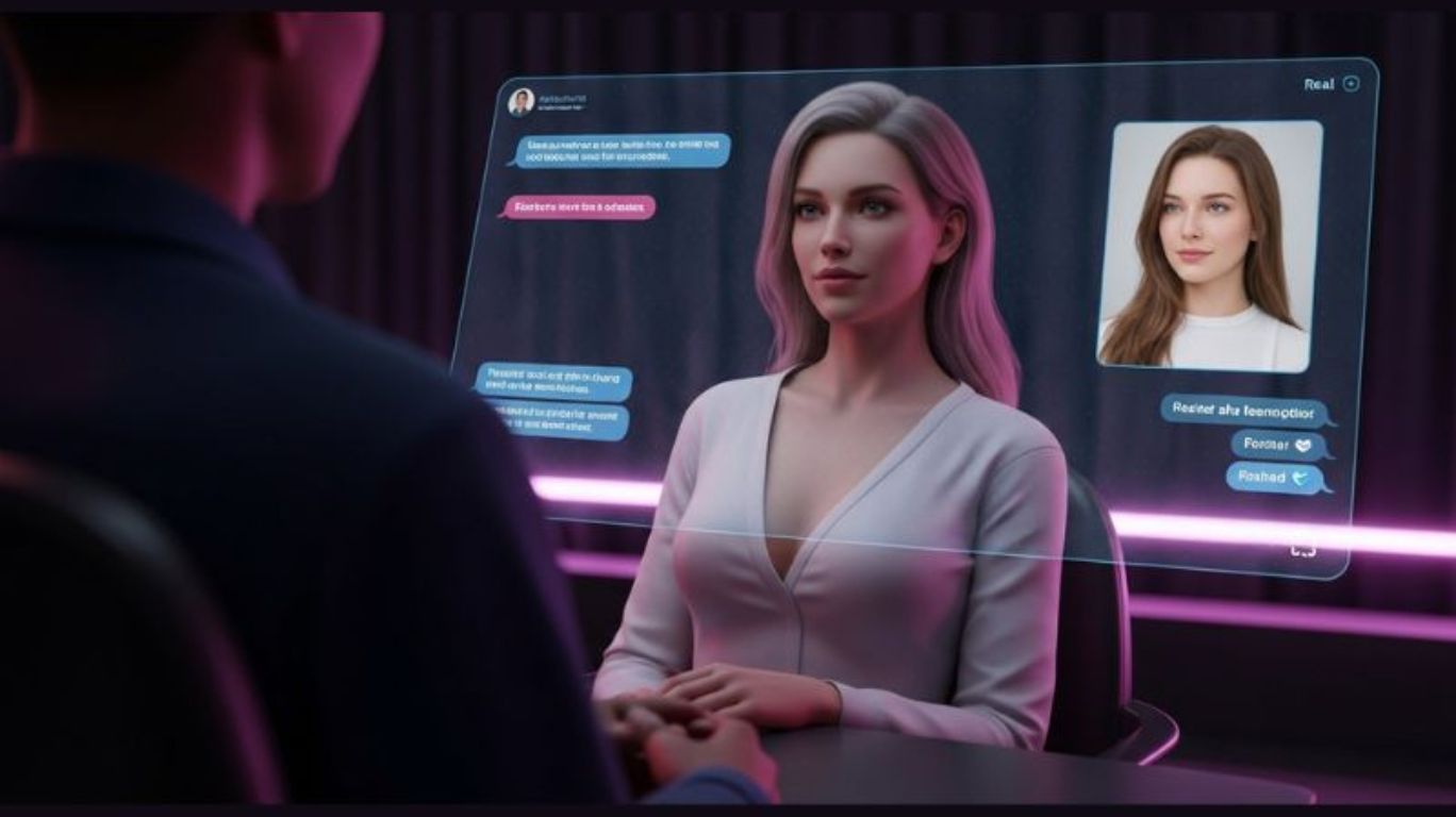 Realistic depiction of a person engaging with AI Porn Bots through a futuristic chat interface, highlighting digital intimacy and erotic AI interaction.