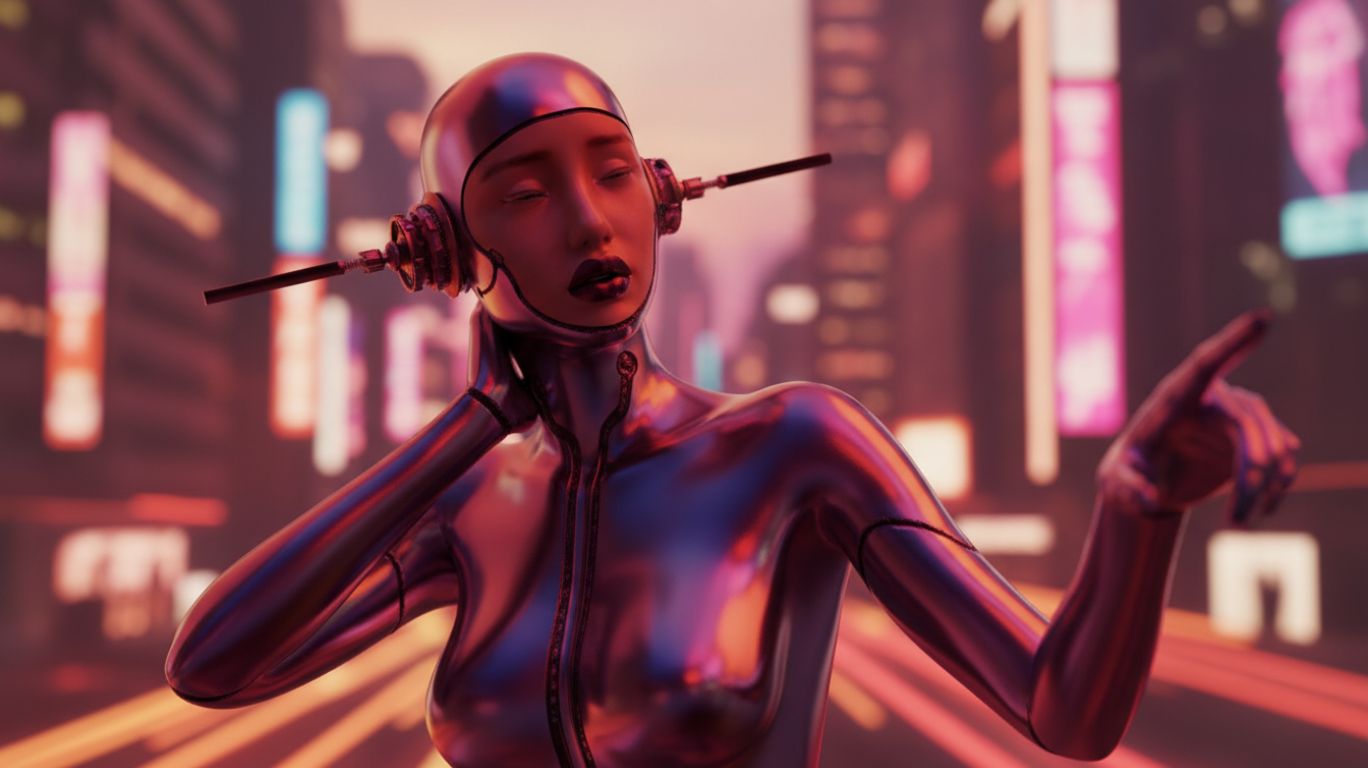 Futuristic AI-generated humanoid robot in a neon cityscape, symbolizing advanced technology and the concept of an AI porn bot creating digital adult content