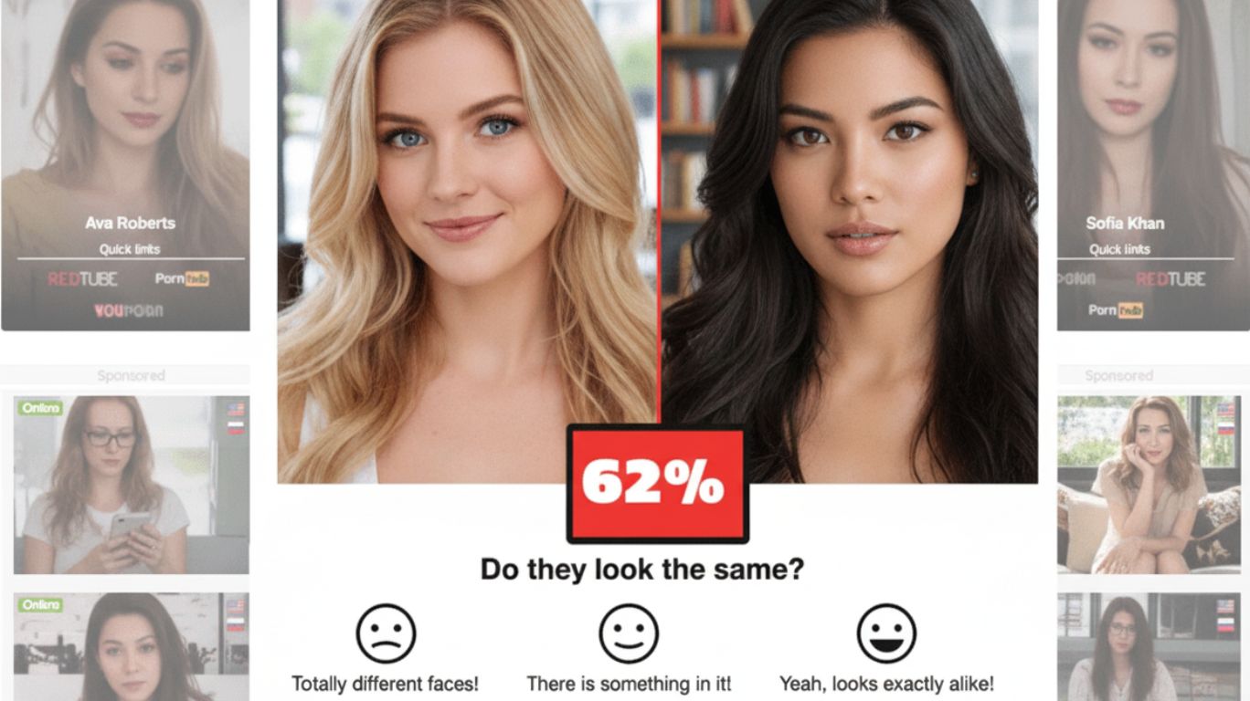 Comparison-style image of women with facial recognition percentage score, representing how ai porn sites use algorithms to analyze and match realistic faces in digital content