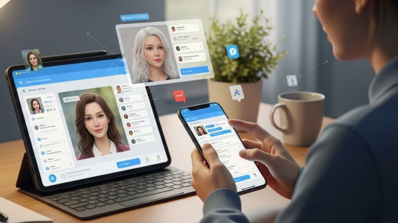 Person exploring apps like Character AI on tablet and phone, comparing AI chat features for personal growth and character-based interactions.