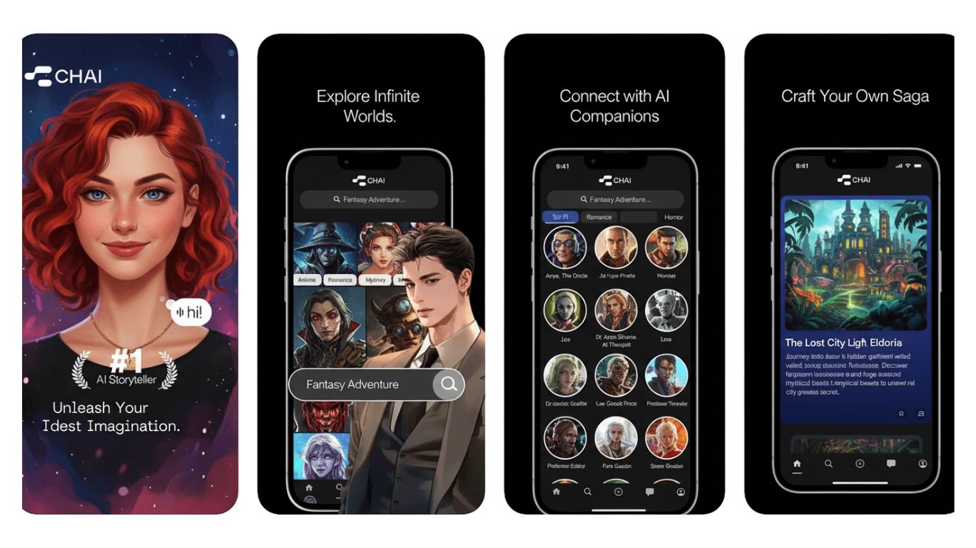 Mobile interface of storytelling and chatbot platforms showing AI companions and fantasy worlds, representing popular apps like Character AI for interactive conversations