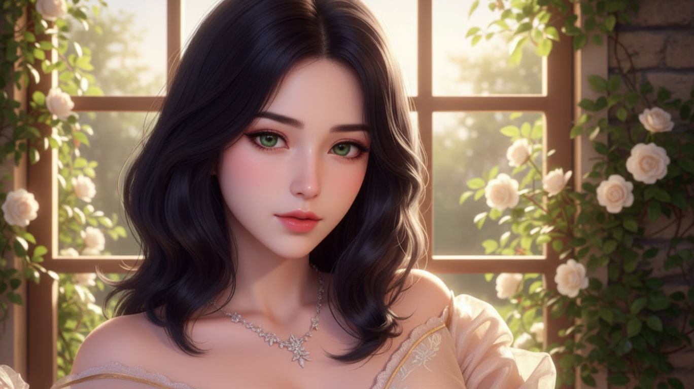 Best NSFW AI artwork featuring realistic anime-style woman with green eyes and dark hair in elegant dress by a window with roses
