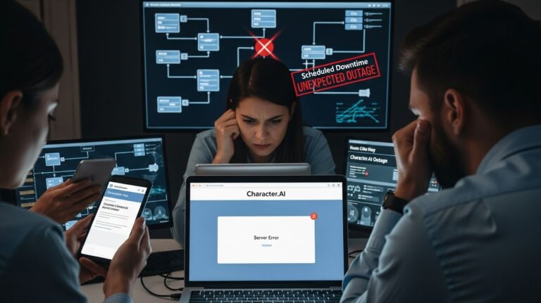 Character.AI down status dashboard showing outage alerts and frustrated users checking service updates on devices