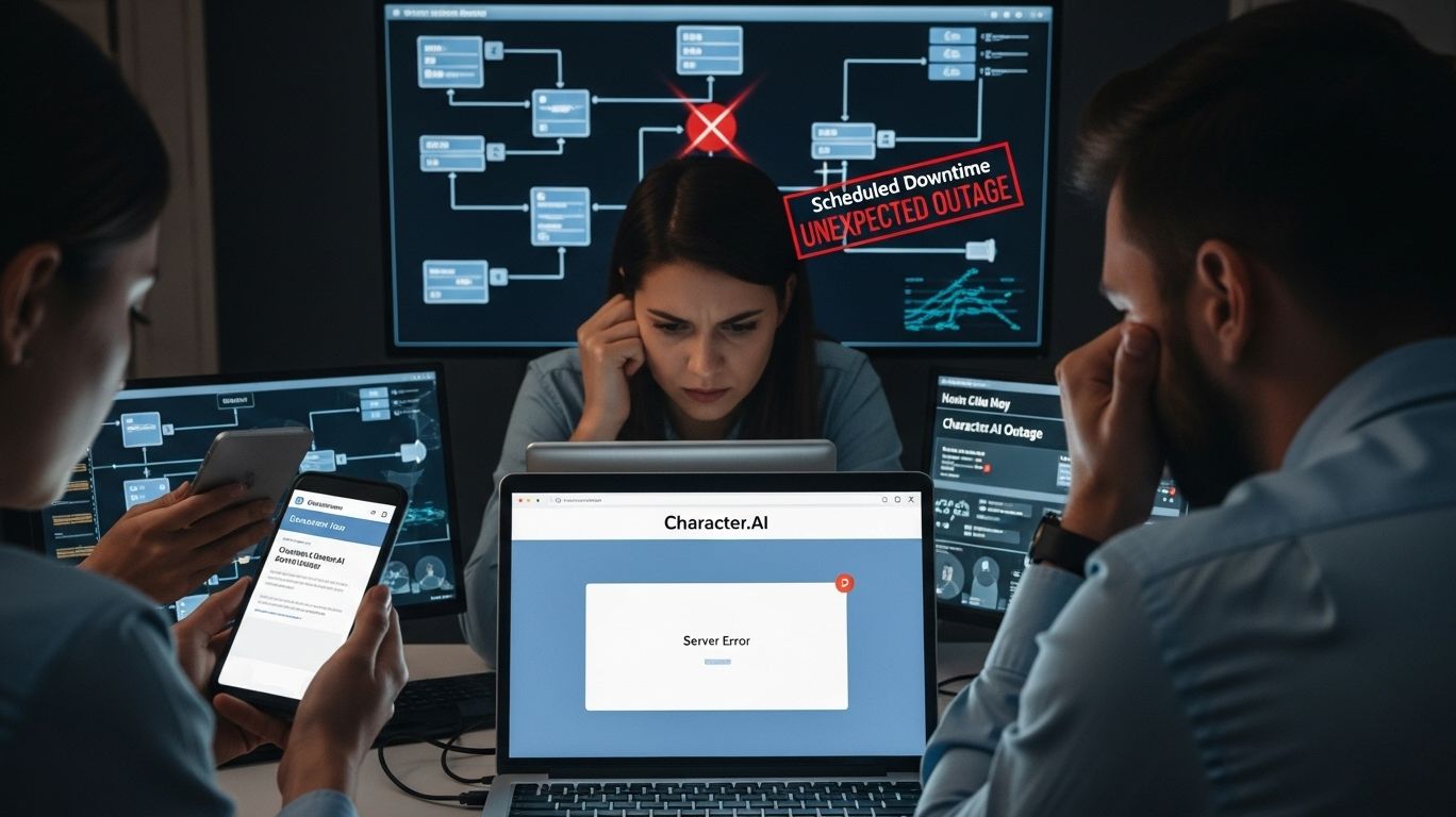 Character.AI down status dashboard showing outage alerts and frustrated users checking service updates on devices