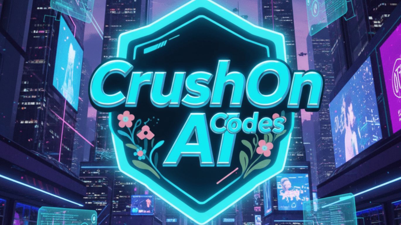 CrushOn AI codes neon logo displayed in futuristic cyberpunk city street with glowing skyscrapers digital screens and drones flying in the sky