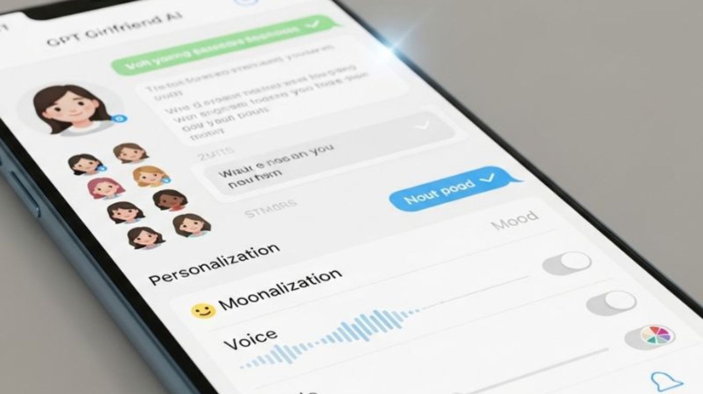 Customizing your GPT Girlfriend AI with unique personality traits, chat styles, and interactive features on a sleek mobile interface.