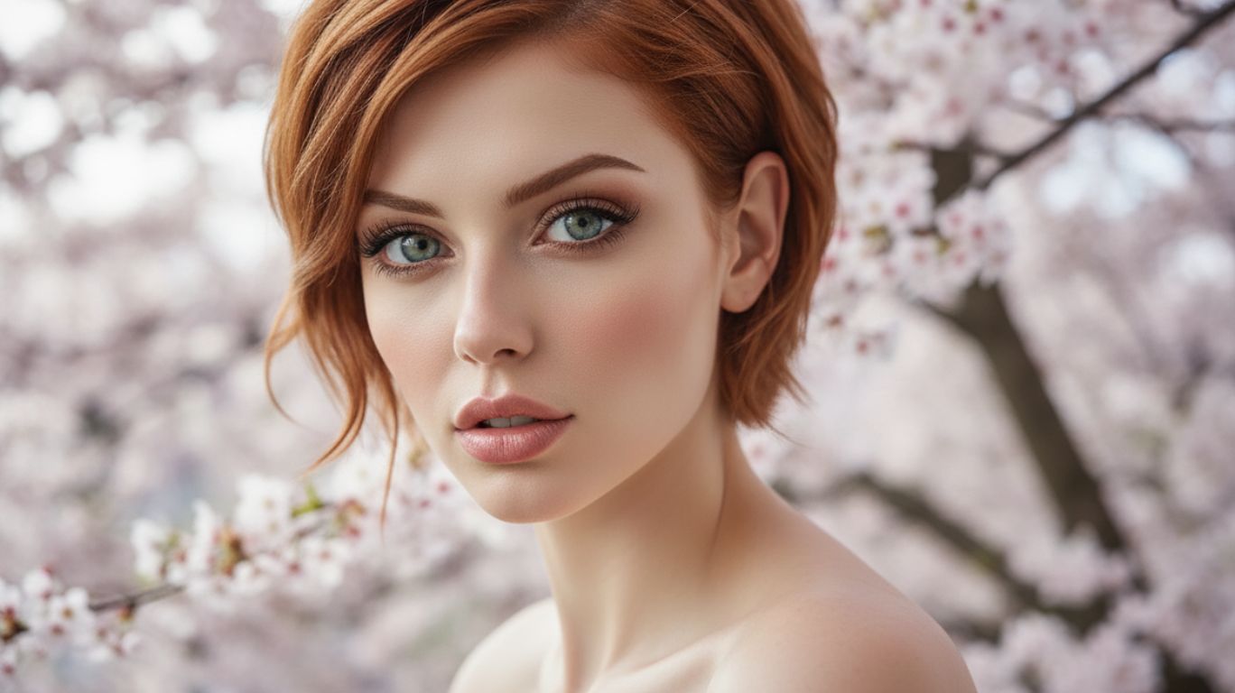 Erotic AI artwork featuring realistic digital portrait of a woman with short red hair and green eyes in front of cherry blossoms.