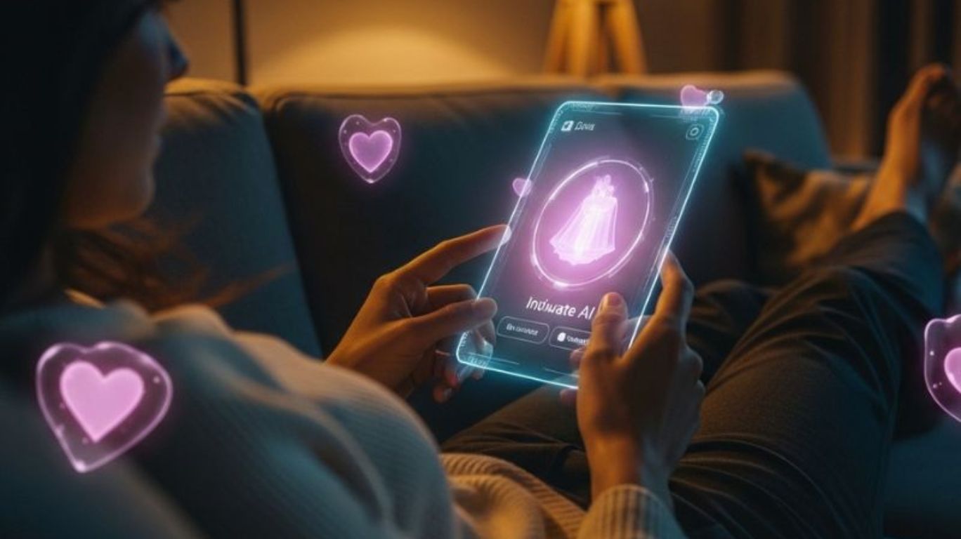 User experiencing Erotic AI as a tool for fantasy, connection, and creativity in a cozy, intimate setting.