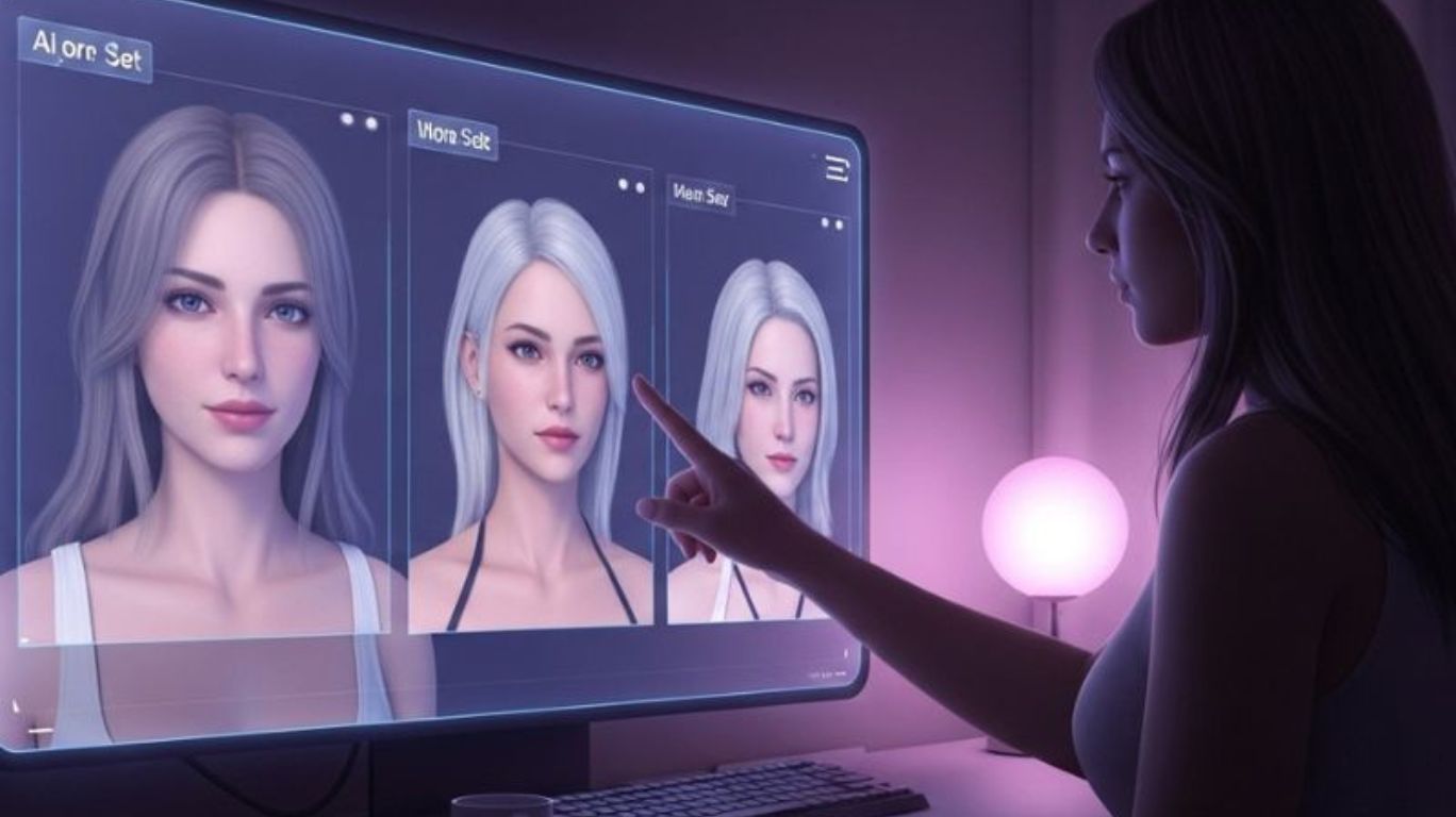 A person interacts with a futuristic screen showcasing AI porn sites, symbolizing emotional intimacy, digital desire, and tech-driven experiences.
