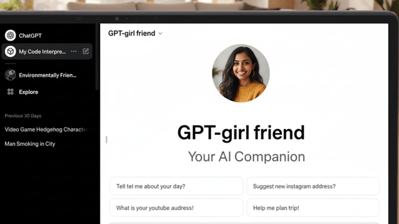 GPT girlfriend AI companion chat interface on laptop screen showing virtual AI partner profile and conversation options