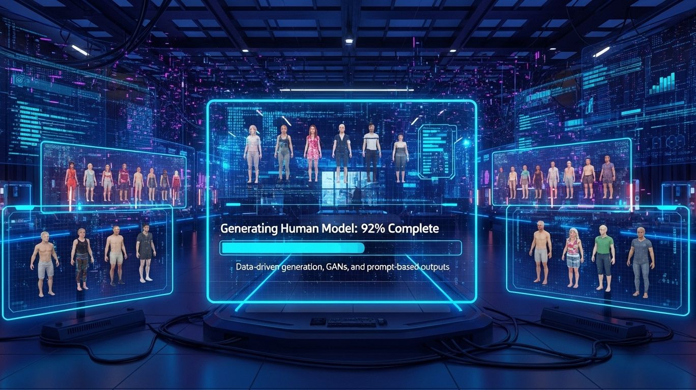 Illustration of artificial intelligence using machine learning and GANs to create realistic AI porn with lifelike facial mapping, body gestures, and prompt-based generation.