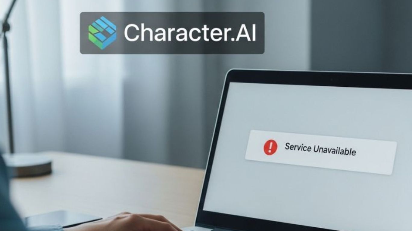 User checking if Character.AI is down on a laptop with a service unavailable error message displayed.