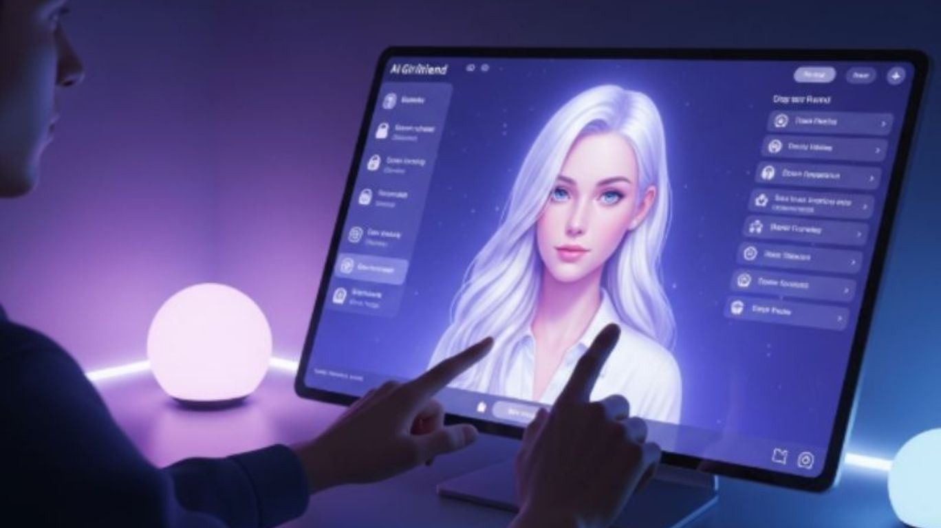 Realistic concept art of a user interacting with an AI girlfriend interface on a sleek digital screen, surrounded by soft ambient lighting. The scene suggests creativity, intimacy, and customization, reflecting the theme of How to Make AI Porn in a safe and imaginative environment.