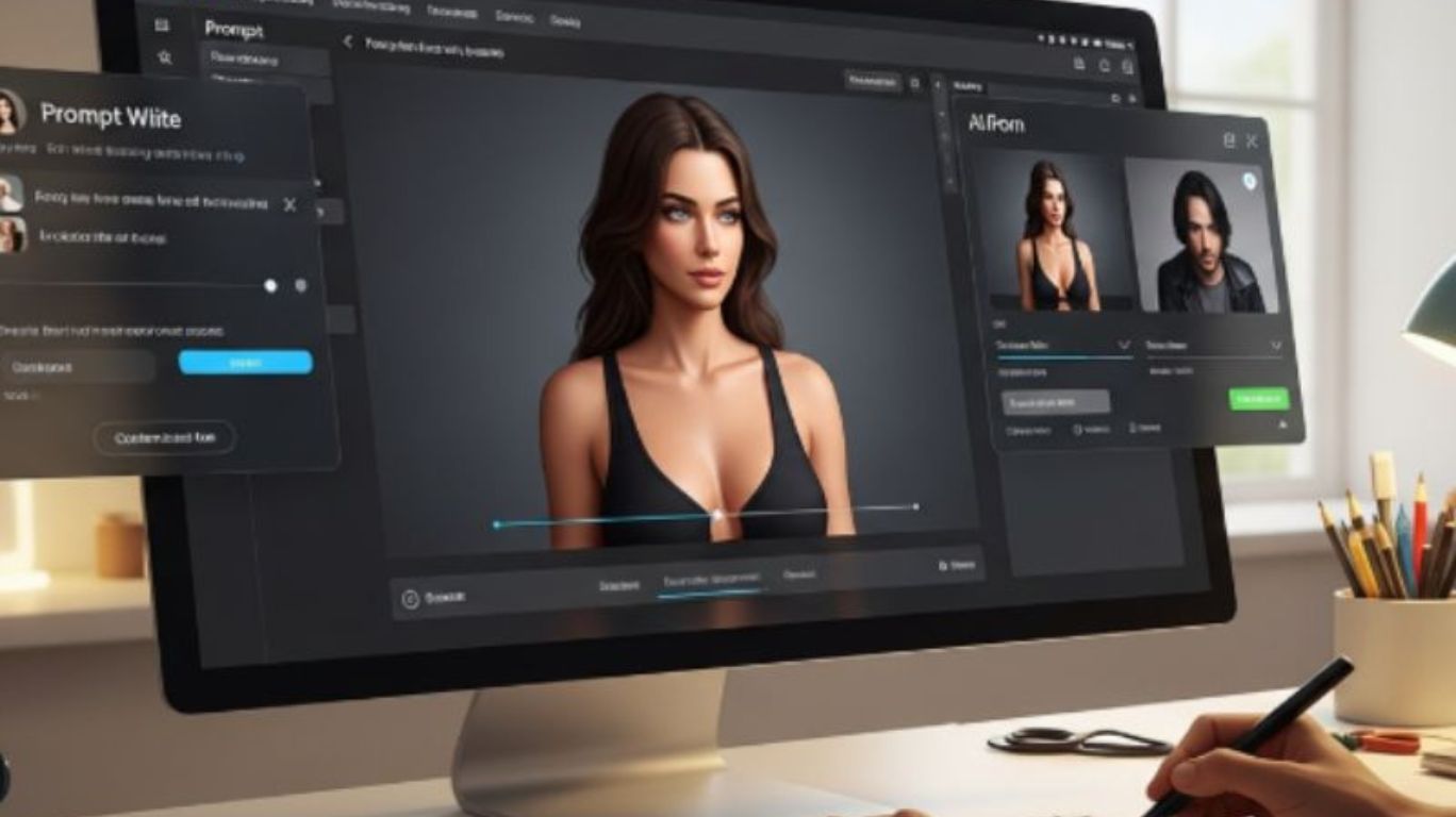 Realistic digital art of a person creating AI-generated erotic content on a sleek computer screen. UI elements show prompt writing, AI image generation, and customization tools in progress. Soft lighting, modern workspace, creative atmosphere — concept art for 'How to Make AI Porn' step-by-step guide.