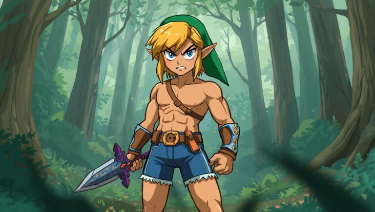 link from zelda with shirt off and tight jean shorts
