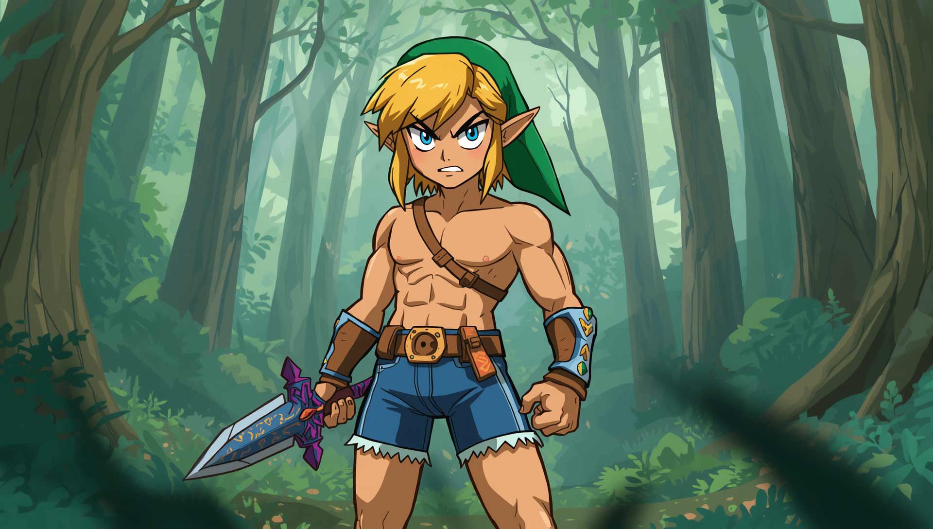 link from zelda with shirt off and tight jean shorts