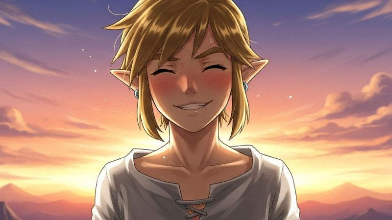 Playful and romantic Skyward Sword Link in a soft, intimate moment under sunset light — link nsfw inspired artwork.