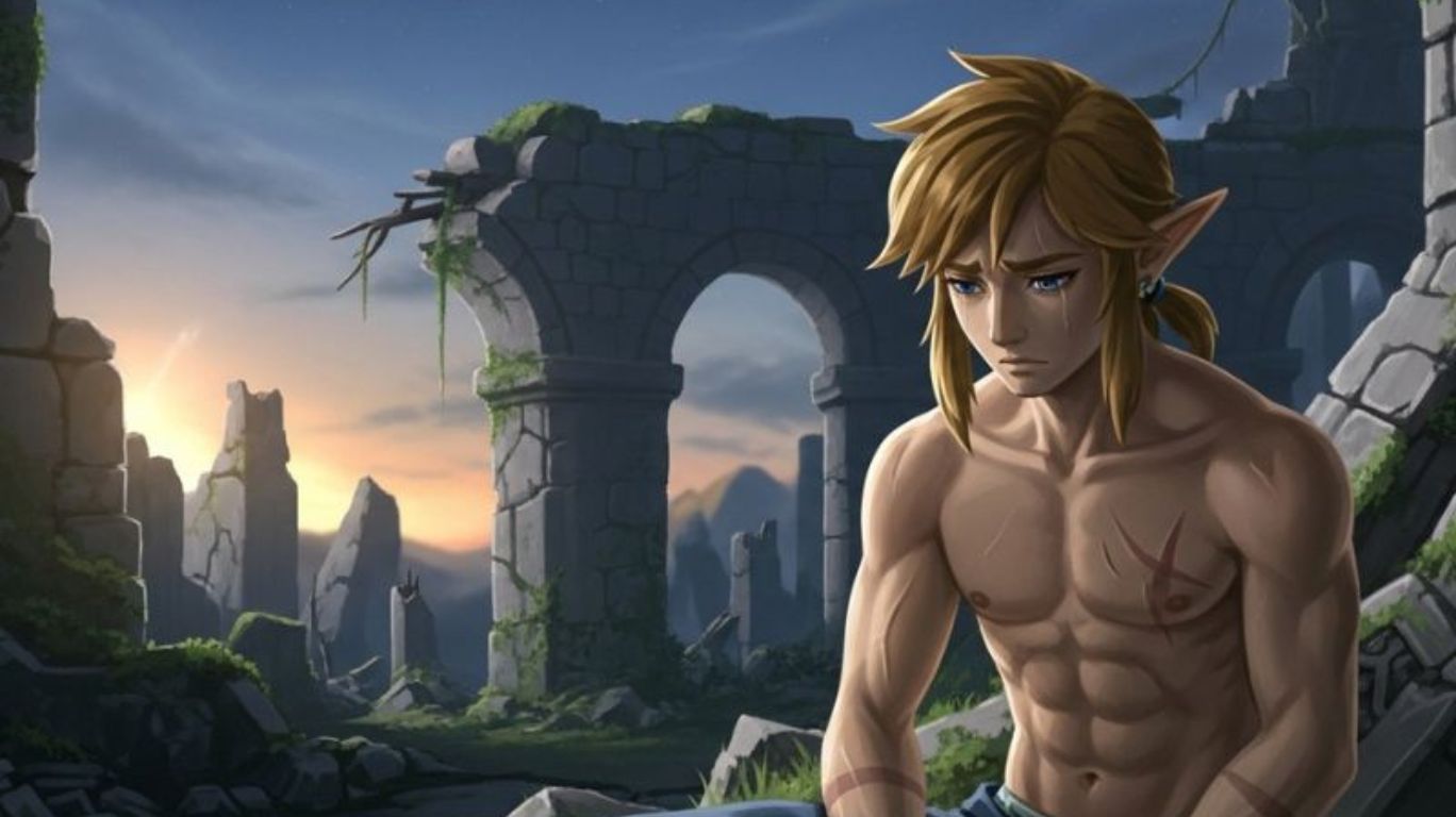 Realistic NSFW-inspired image of Link from Breath of the Wild, looking touch-starved and emotionally guarded after battle — link nsfw emotional art.