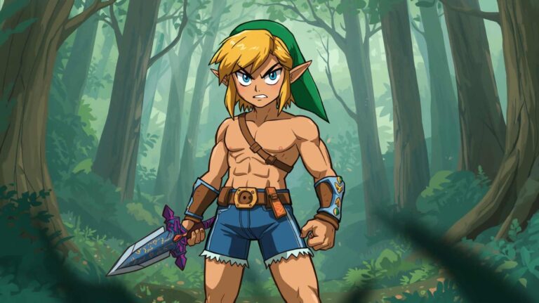 link from zelda with shirt off and tight jean shorts