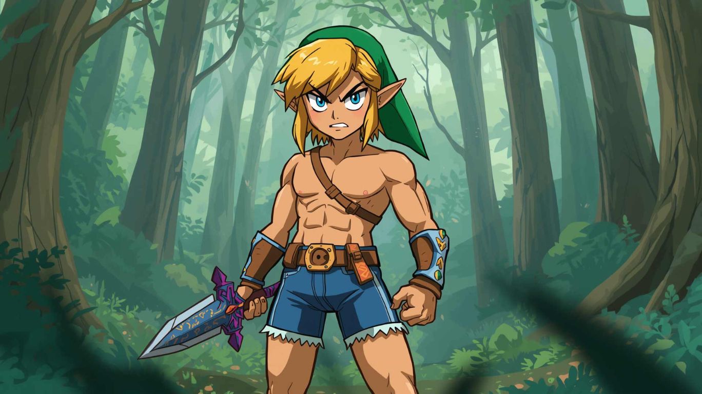 link from zelda with shirt off and tight jean shorts