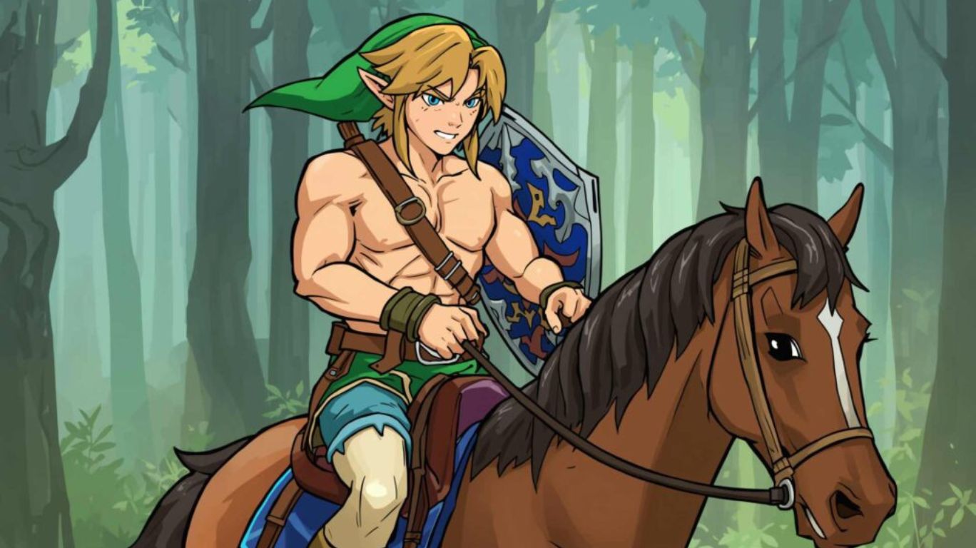 link riding a horse with his shirt off