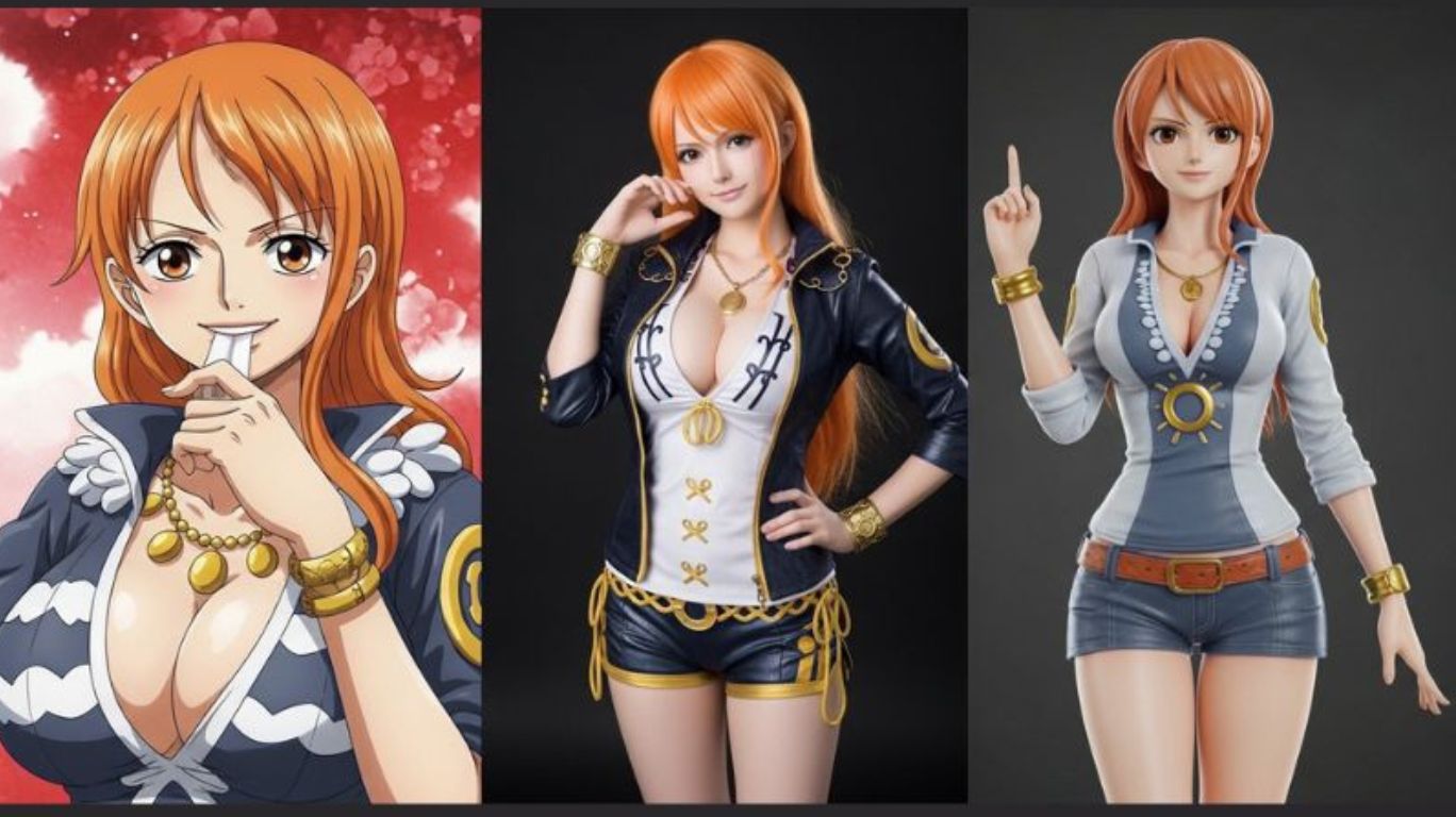 Nami NSFW collage showing anime fan art, cosplay, and AI-generated 3D content that reflect the diverse adult creative expressions of the One Piece characterr