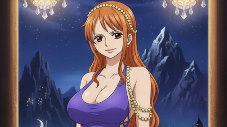 Nami NSFW styled anime artwork featuring character in purple dress with pearl accessories under night sky background.