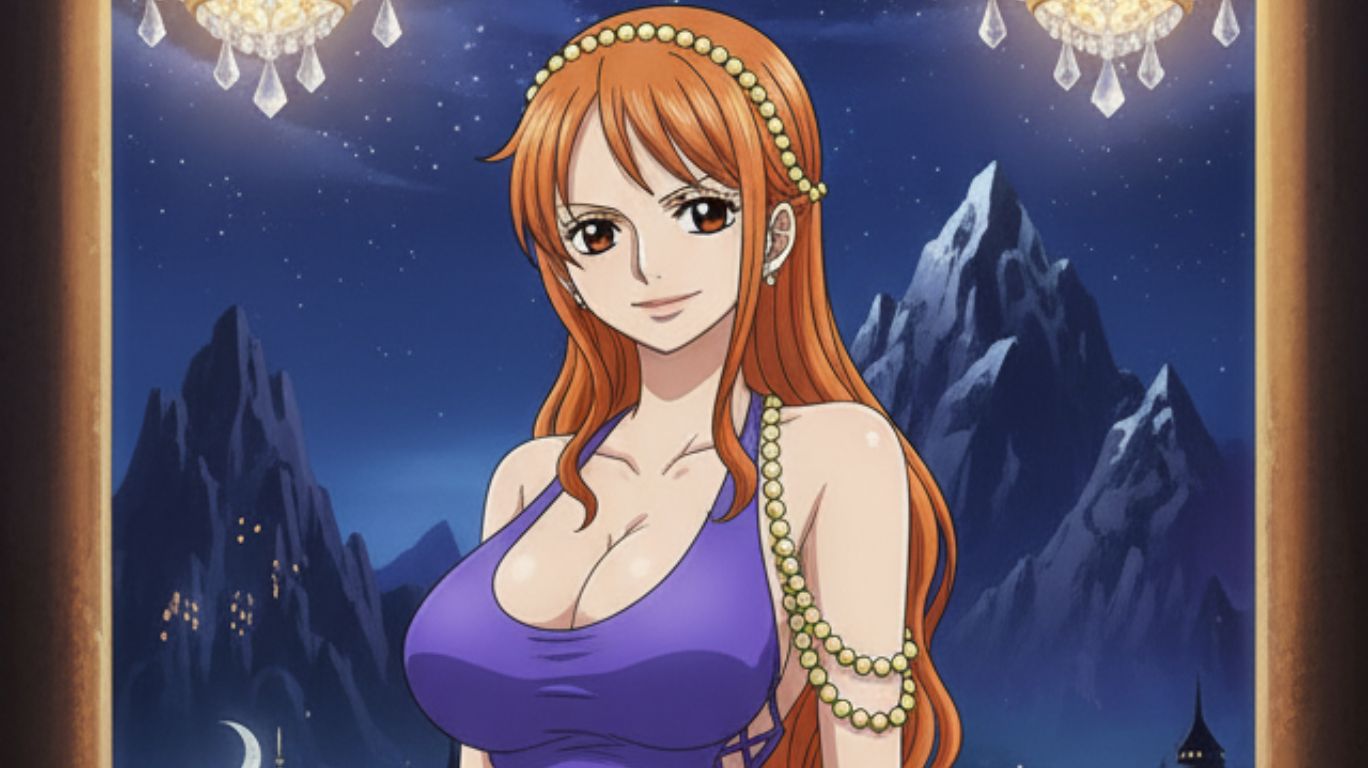 Nami NSFW styled anime artwork featuring character in purple dress with pearl accessories under night sky background.