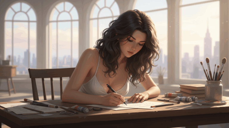 NSFW AI writer drawing artwork in a bright studio with large arched windows city skyline view art supplies pencils brushes and sketchbooks on the desk
