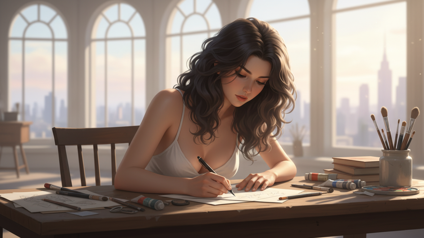 NSFW AI writer drawing artwork in a bright studio with large arched windows city skyline view art supplies pencils brushes and sketchbooks on the desk