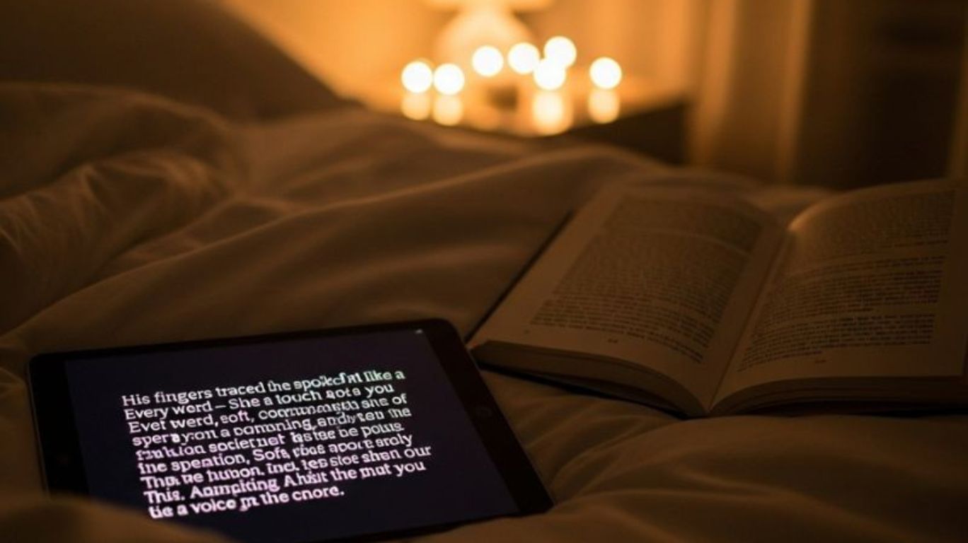 A cozy bedroom with a tablet and open book featuring erotic stories, symbolizing the immersive appeal of porn with text.