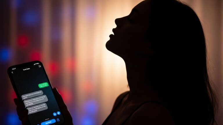 Porn with text featured image showing silhouette of woman holding smartphone with chat messages on screen in dim light