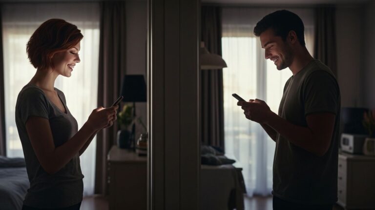 Sexting Discord featured image showing man and woman smiling while texting each other on smartphones in separate rooms
