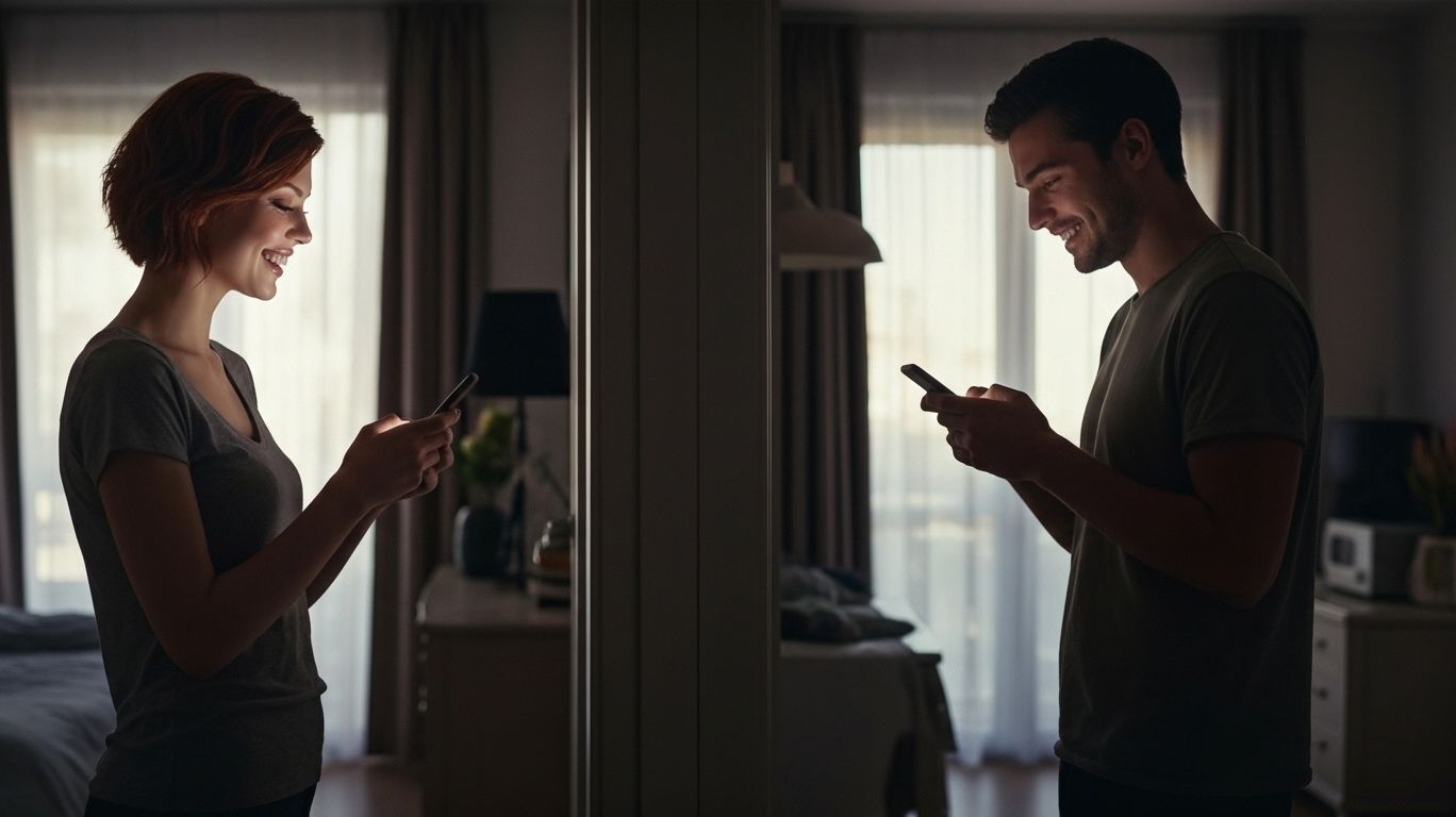 Sexting Discord featured image showing man and woman smiling while texting each other on smartphones in separate rooms
