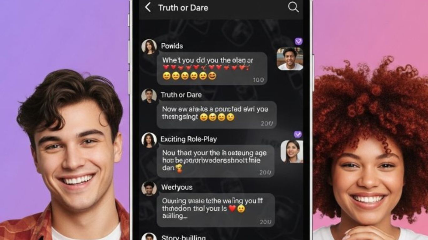 Couple playing popular sexting games like truth or dare, roleplay scenarios, story-building, and AI chat adventures on their phones